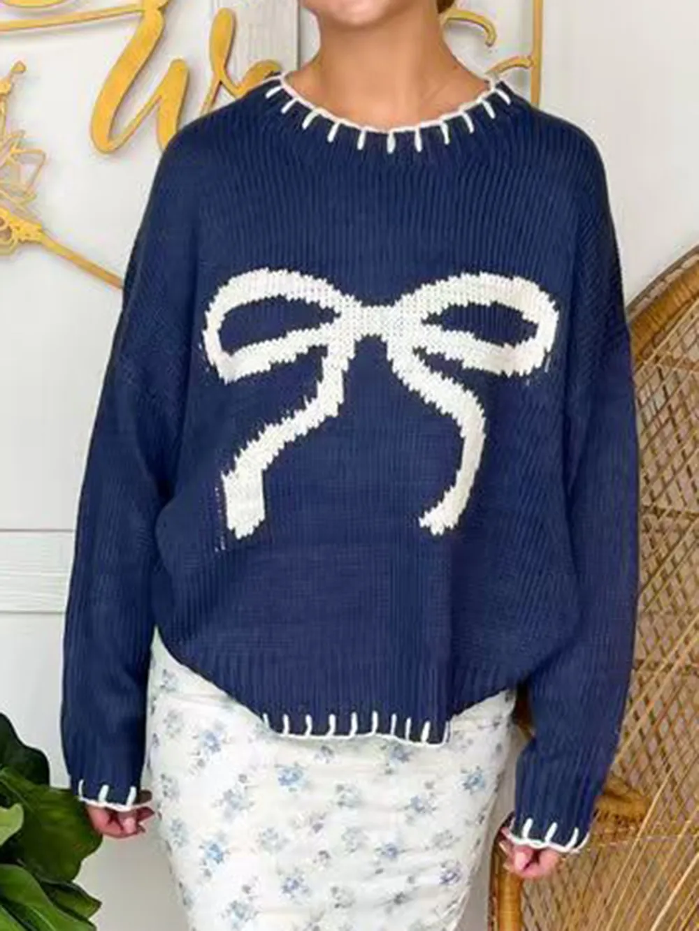 Bow Round Neck Long Sleeve Sweater, image 6