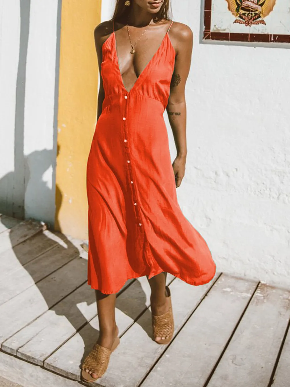 Buttoned Plunge Midi Cami Dress, image 12