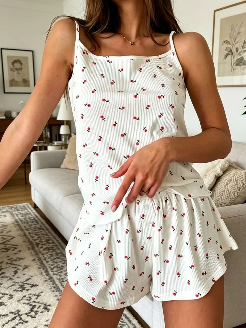 Floral Print Ribbed Knit Cami and Shorts Lounge Set, image 3