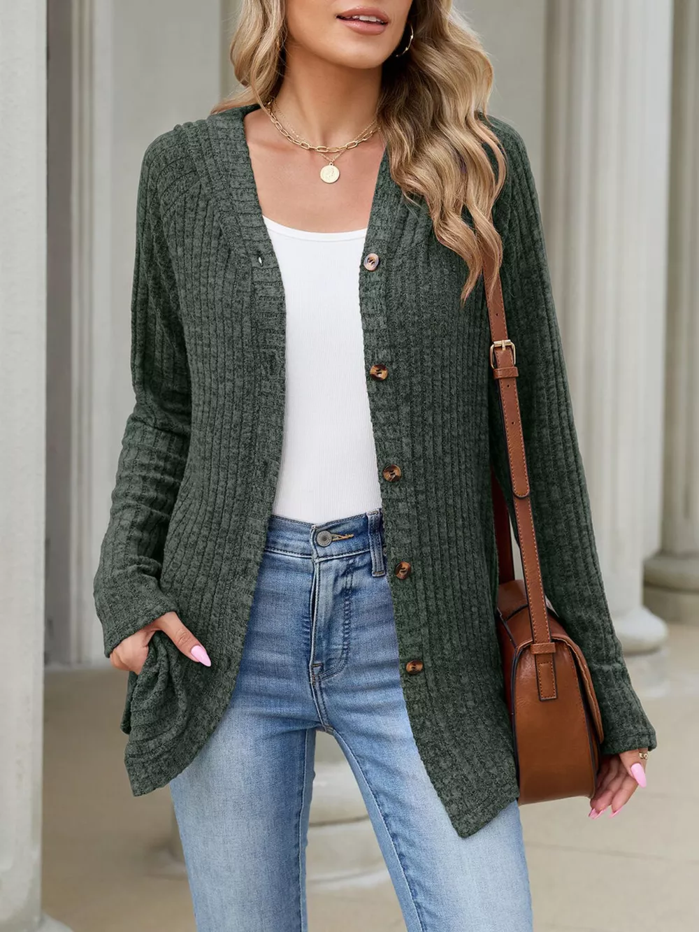 Ribbed Knit Hooded Button-Down Cardigan, image 18