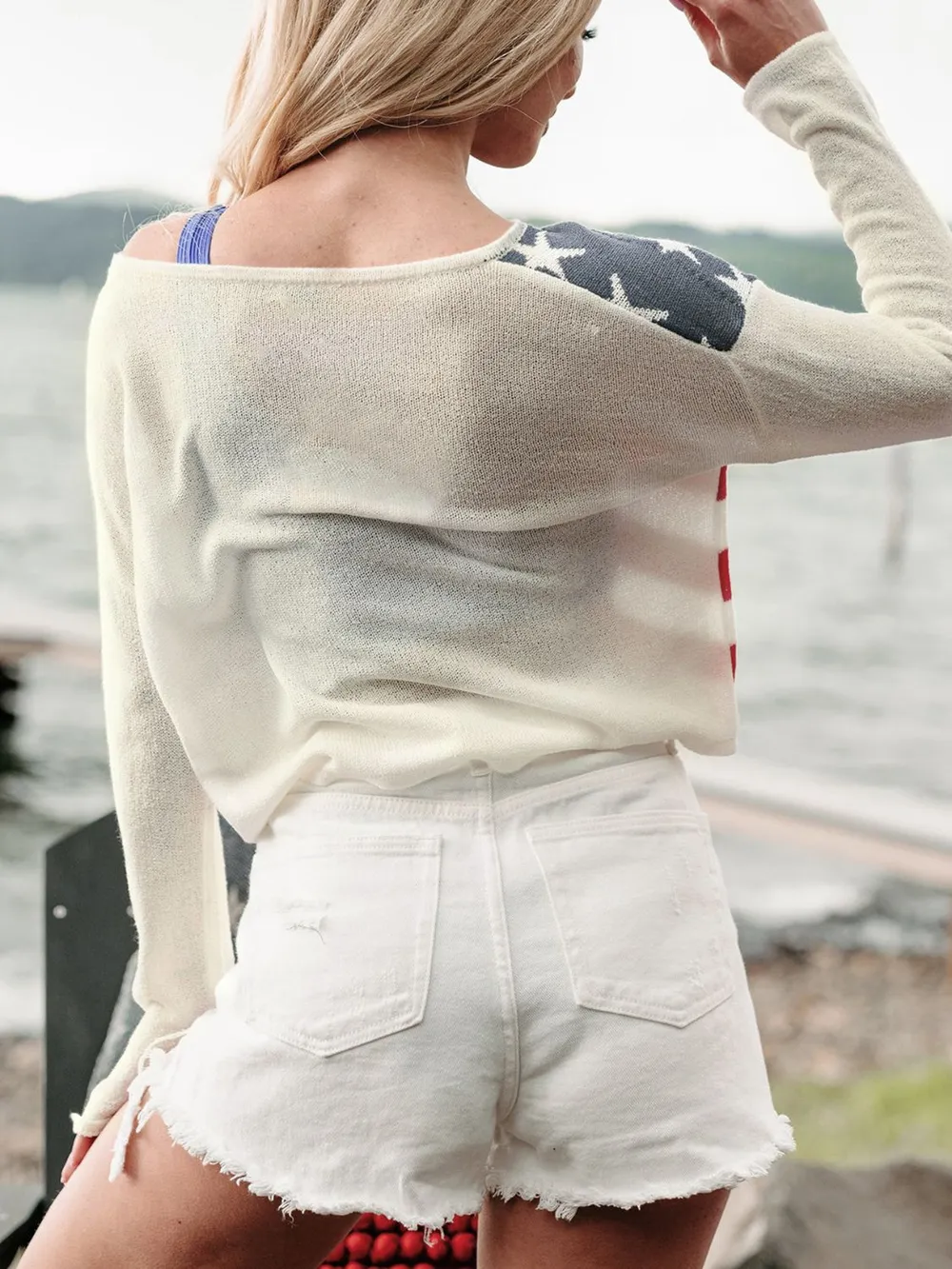 US Flag Boat Neck Long Sleeve Knit Top, image 2