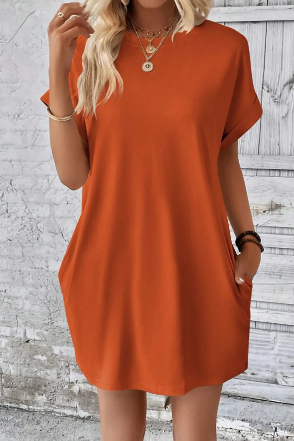 Pocketed Round Neck Short Sleeve Dress, image 14