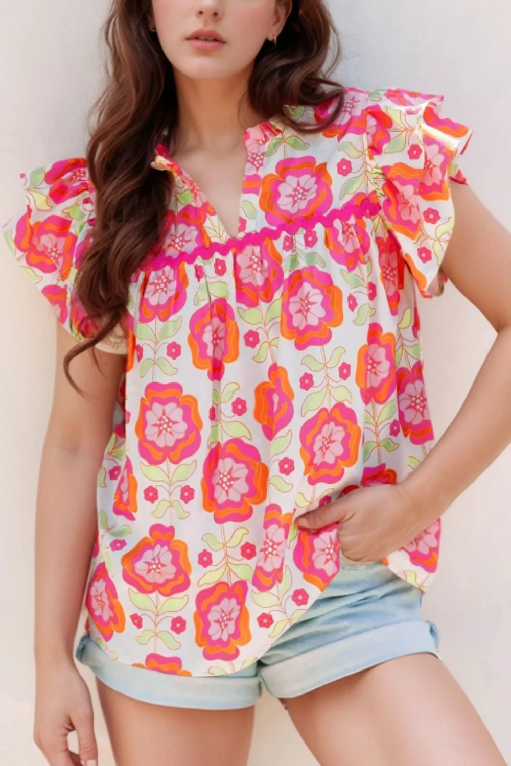 Floral Ruffled Sleeve Ric-Rac Trim Split Neck Loose Blouse