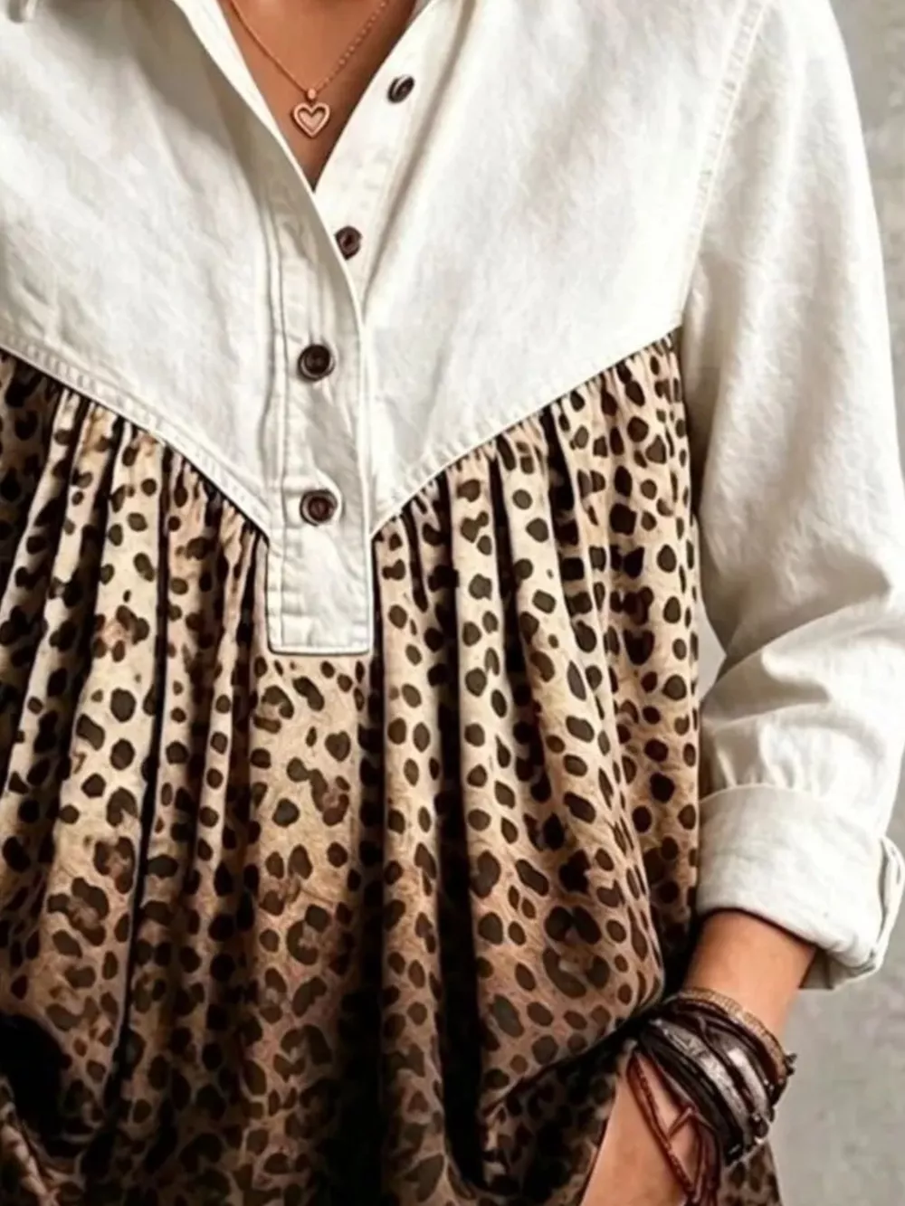 Full Size Leopard Button Detail Blouse Plus Size, image 15