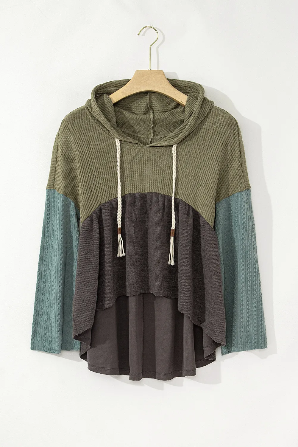 Waffle-Knit High-Low Color Block Hooded Long Sleeve Top, image 5