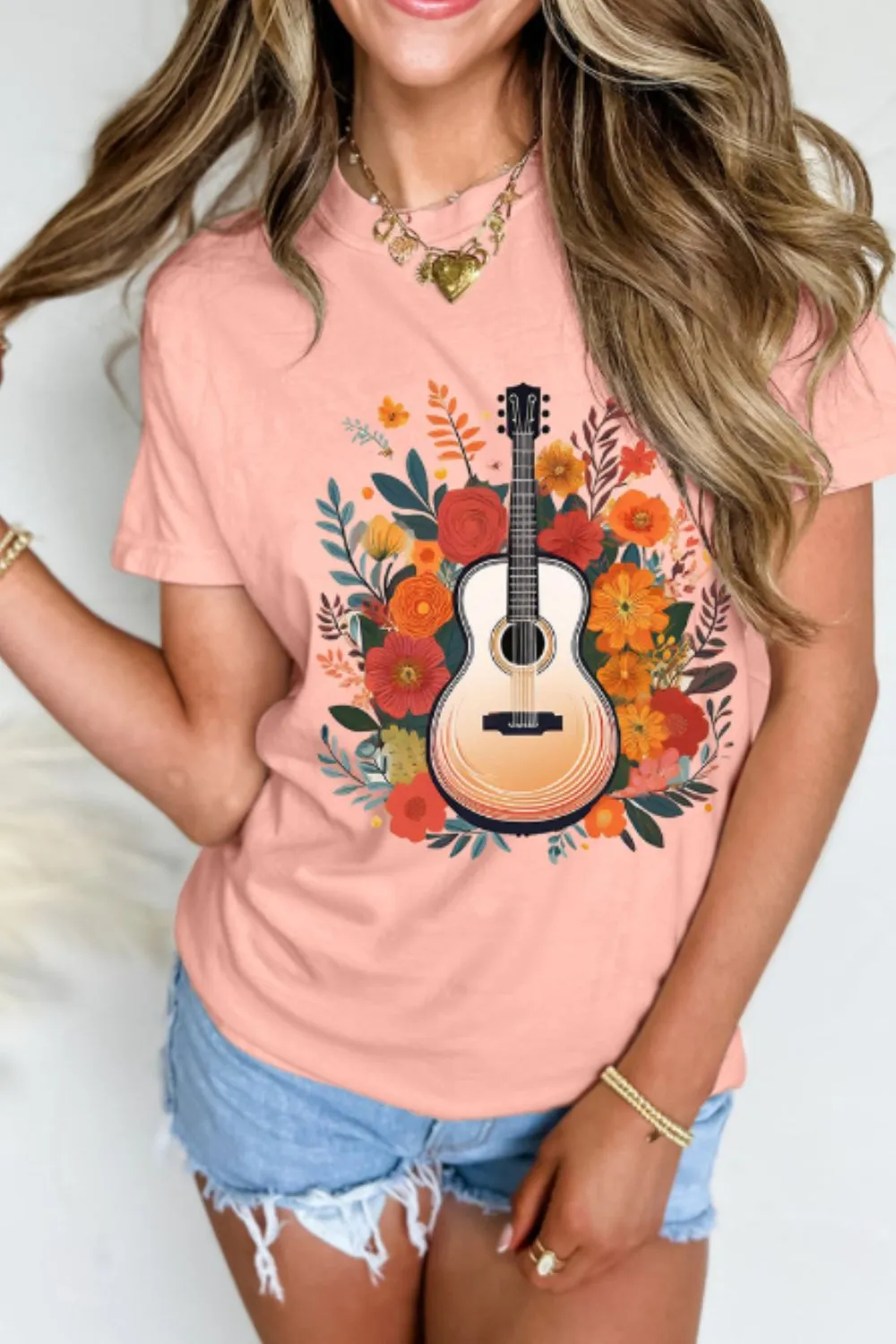 Guitar Flower Print Crew Neck Loose T Shirt