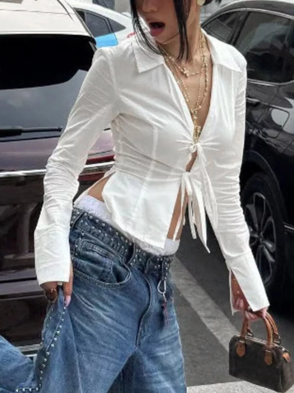 Slim-Fit Tie Front Long Sleeve Shirt, image 6