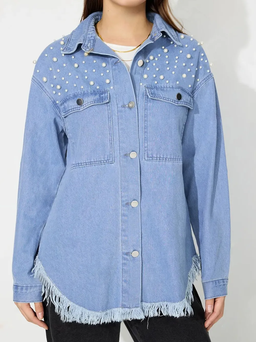 Raw Hem Pearl Trim Collared Neck Denim Top, image 9