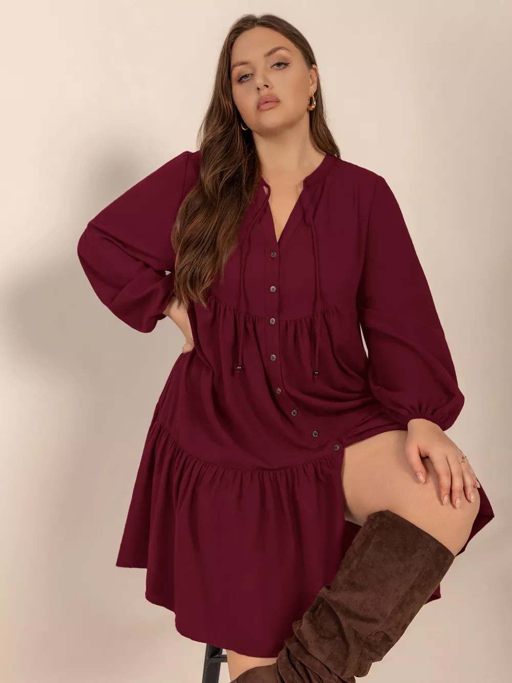 Plus Size Button Front Balloon Sleeve Dress, image 3