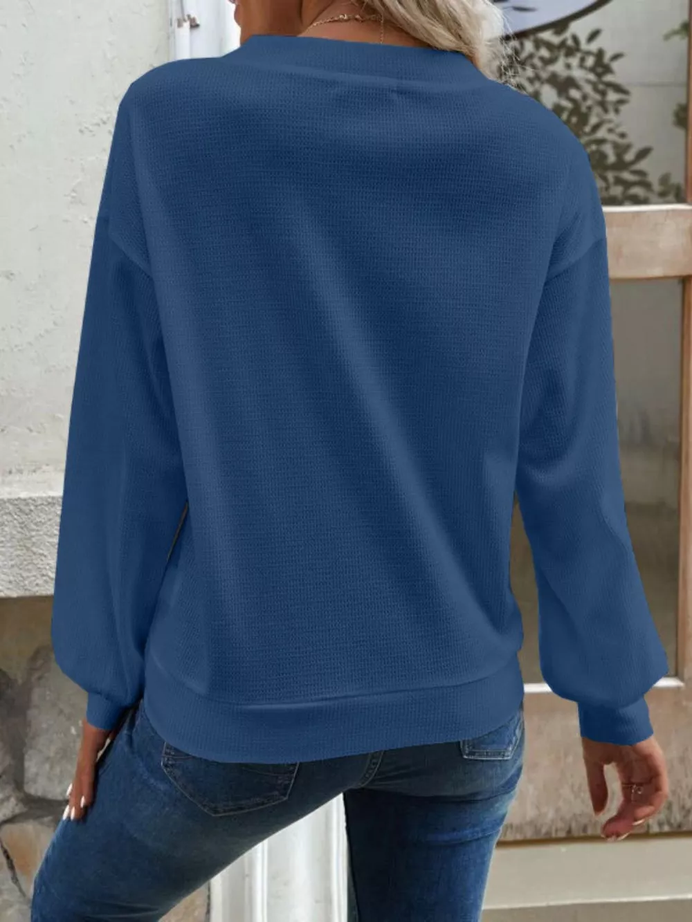 Casual V-Neck Waffle Long Sleeve Top, image 12