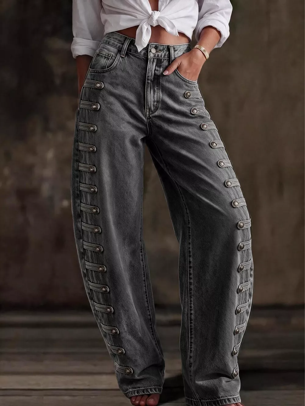 Decorative Button Wide Leg Jeans, image 30