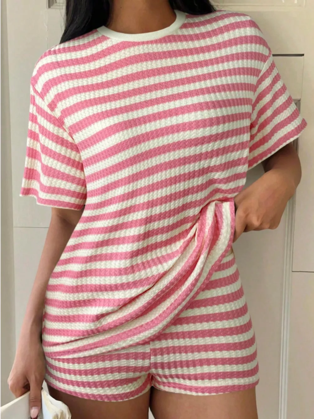 Striped Round Neck Top and Shorts Set, image 13