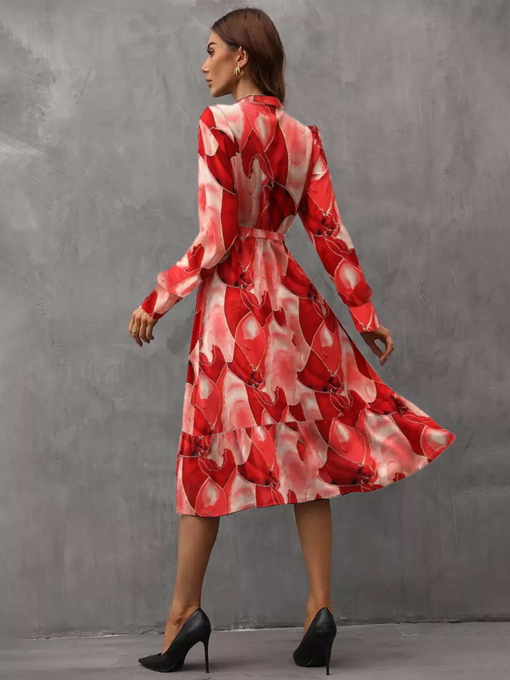 Notched Tie Waist Long Sleeve Dress, image 5
