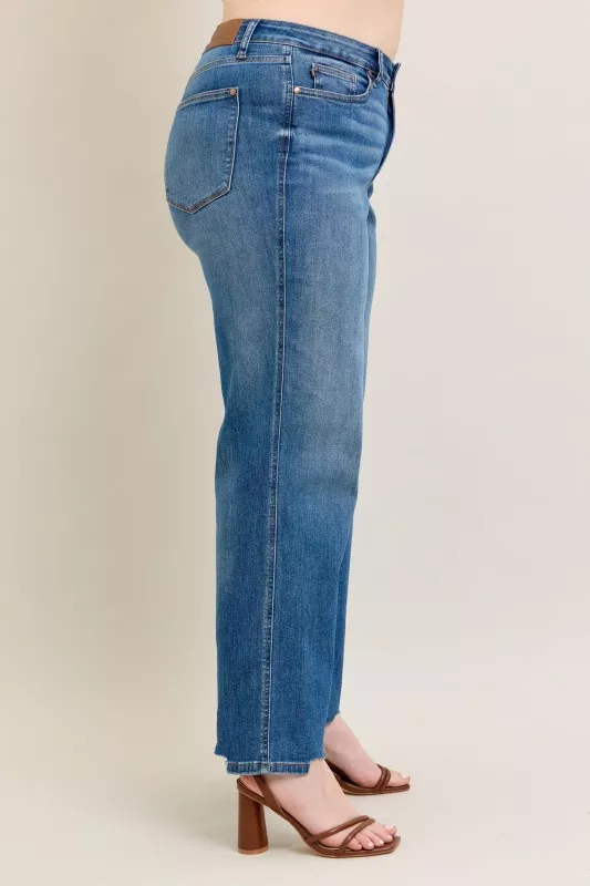 Full Size High Waist Tummy Control Chew Hem Destroy Wide Jeans Plus Size, image 9