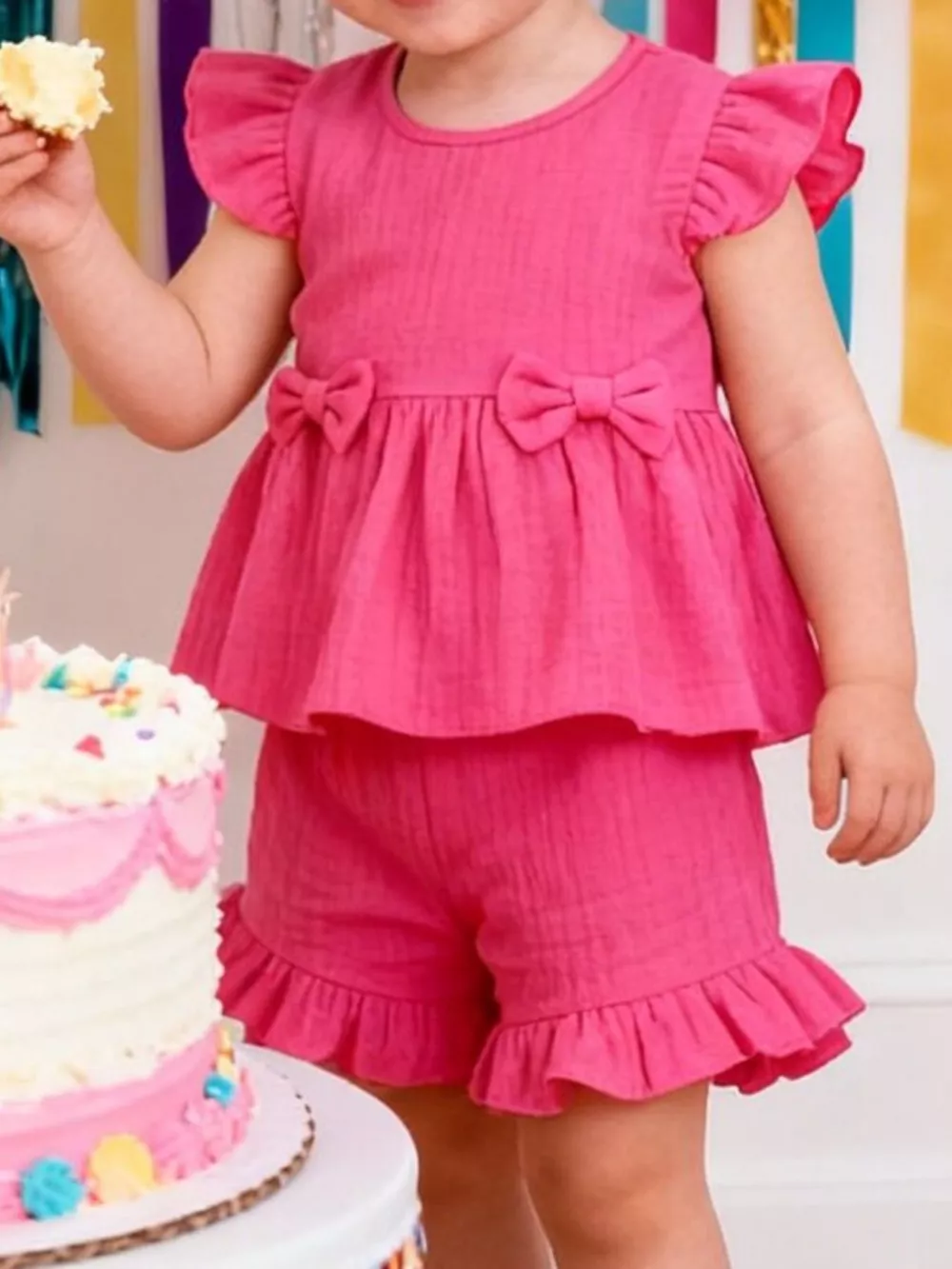 Children's Ruffle Trim Bowknot Top & Shorts Set, image 4