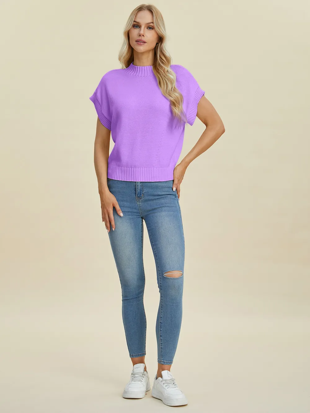 Full Size Mock Neck Short Sleeve Sweater, image 32