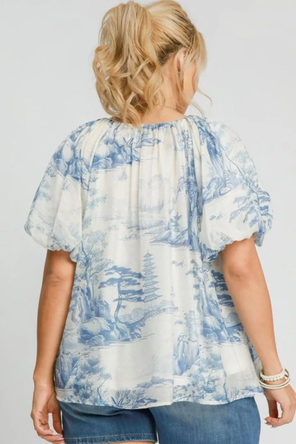 Full Size Two Tone Toile Print Top Plus Size, image 3