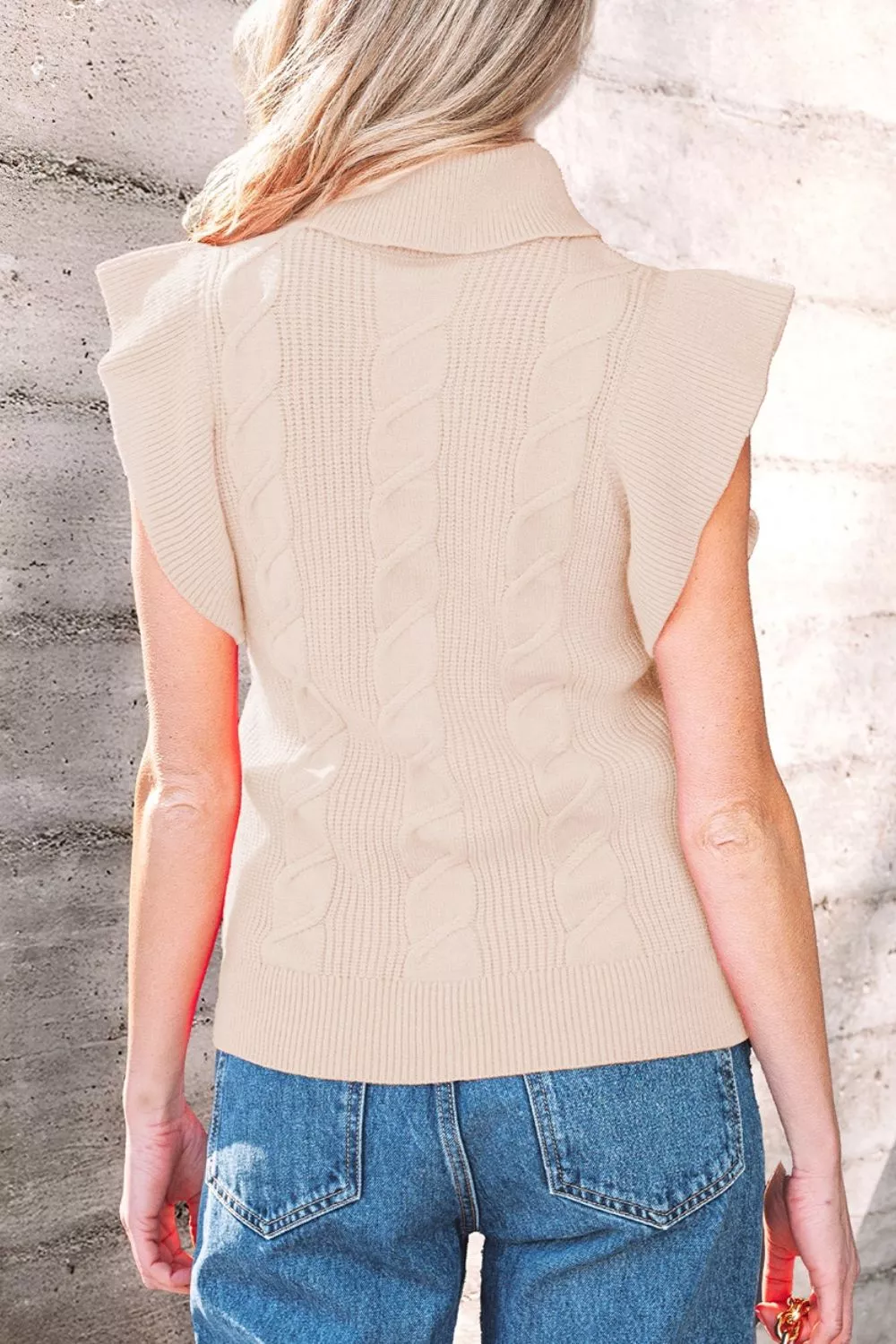 Cable Knit Turtleneck Ruffled Short Sleeve Sweater, image 13