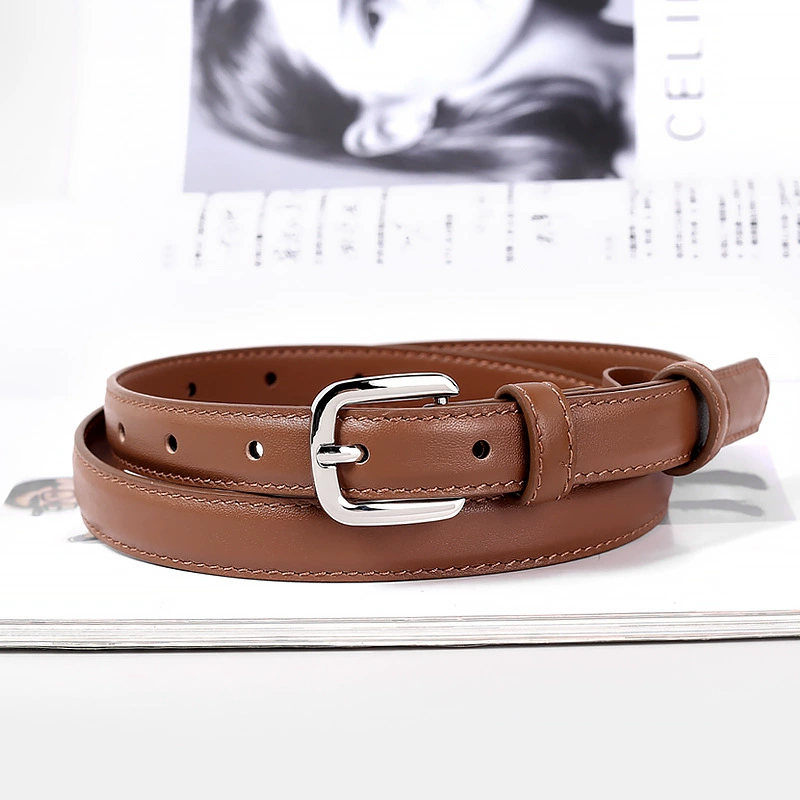 Classic Leather Skinny Belt with Silver Buckle, image 3