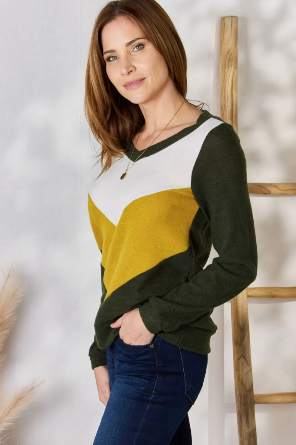 Full Size Colorblock V-Neck Blouse, image 11