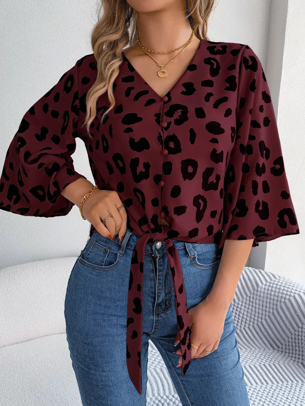 Tied Button Up Leopard V-Neck Blouse, image 15