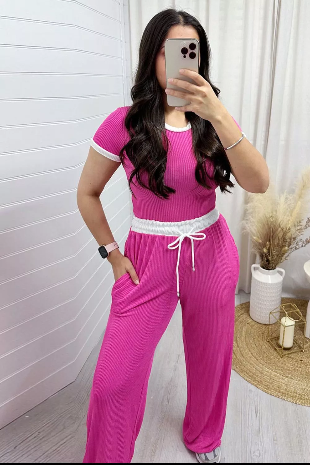 Contrast Trim Round Neck Top and Pants Set, image 15