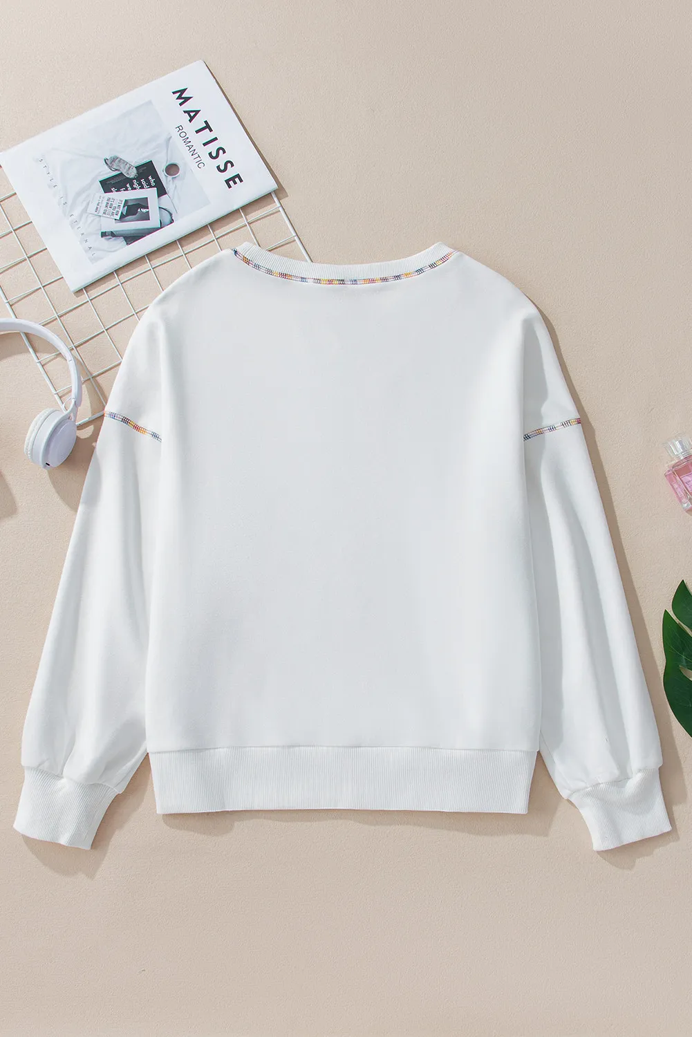 Rainbow Trim Round Neck Long Sleeve Sweatshirt, image 9