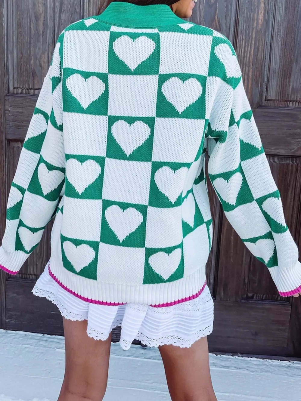 Plaid Heart Knit V Neck Button Down Sweater Cardigan, image 3