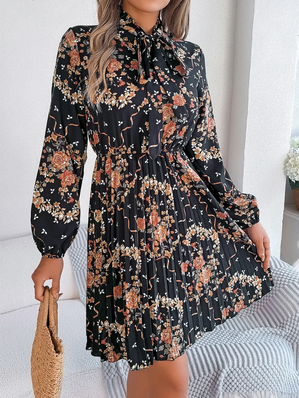 Pleated Printed Tie Neck Long Sleeve Dress, image 18