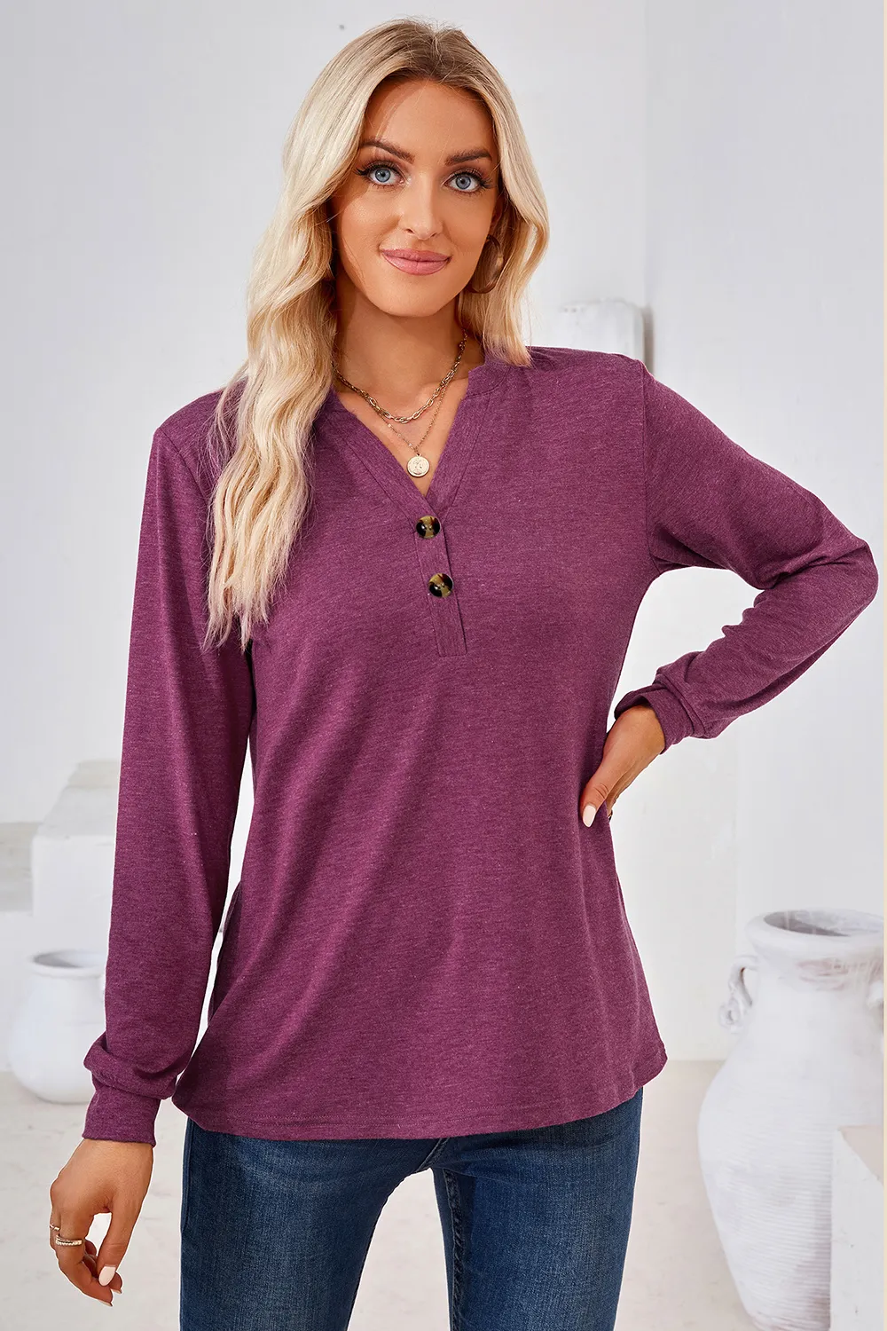 Notched Button Detail Long Sleeve T-Shirt, image 17