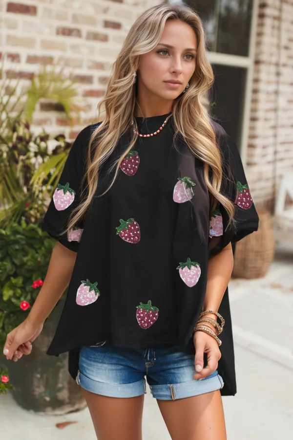 Sequin Strawberry High Low Half Sleeve Relaxed Fit T-Shirt, image 4