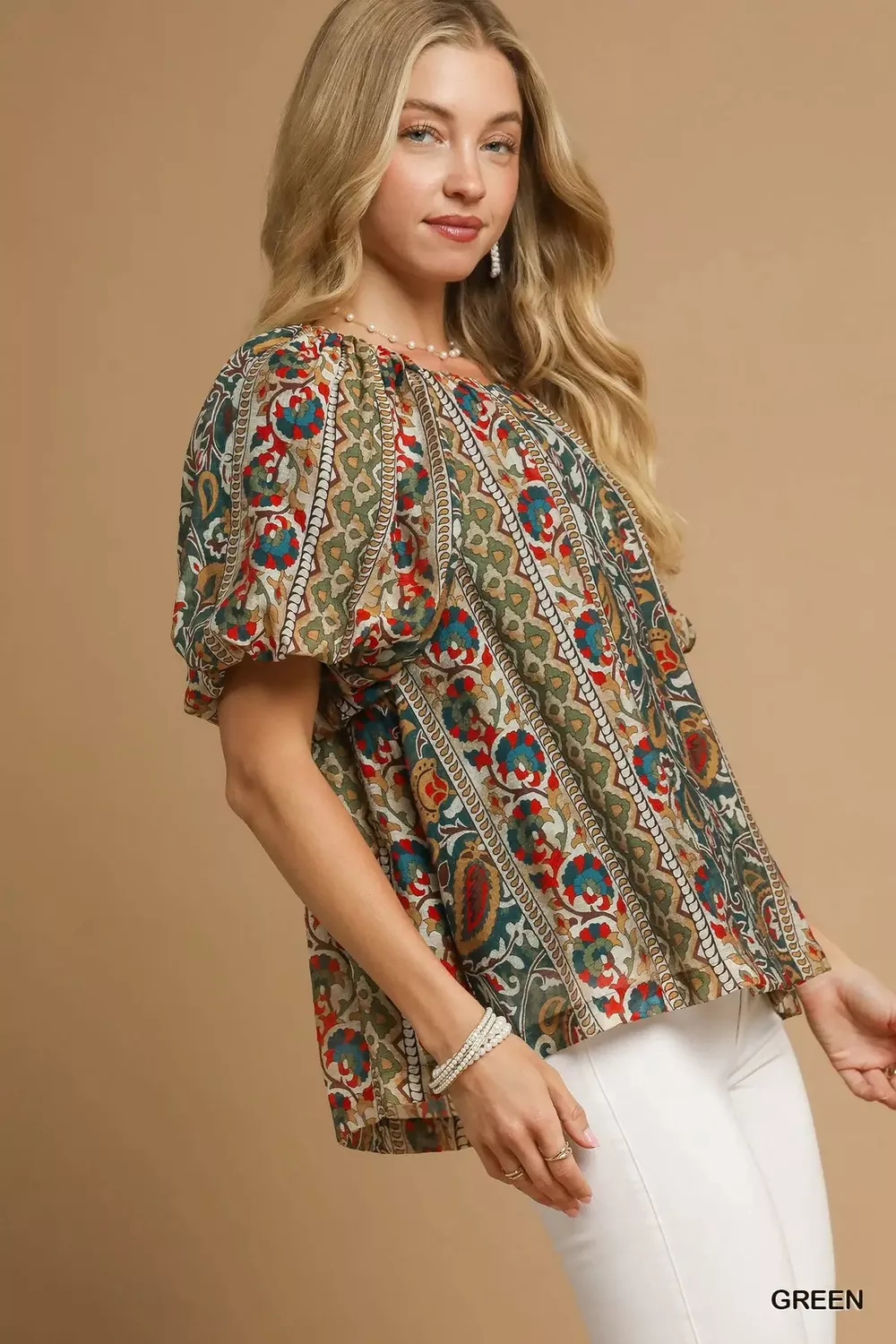 Boho Floral Stripe Puff Sleeve Blouse, image 5
