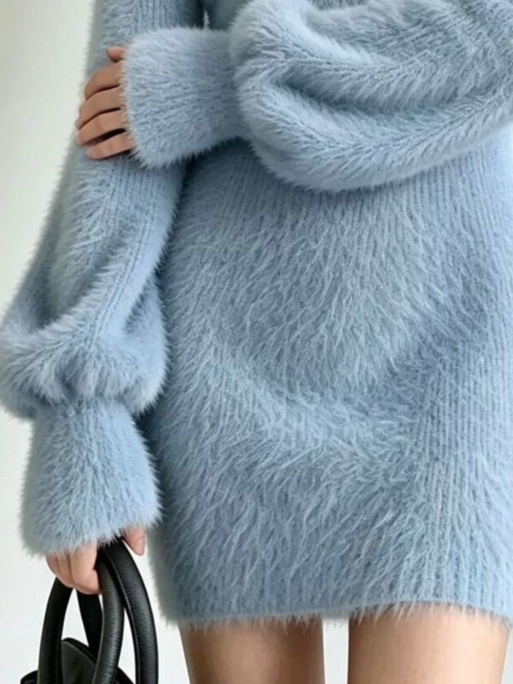 V-Neck Fuzzy Knit Sweater Dress, image 10