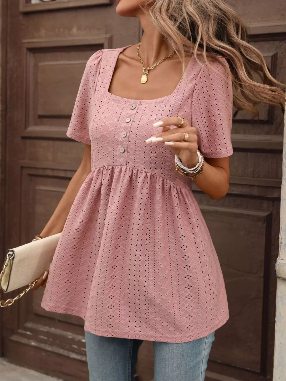 Eyelet Square Neck Short Sleeve Top, image 24