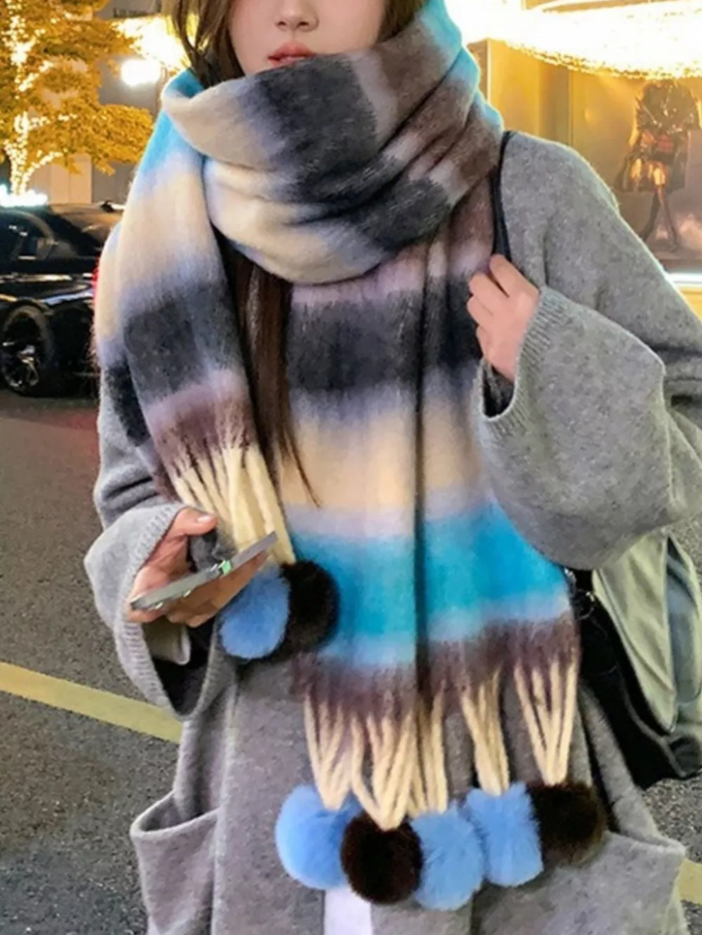 Striped Scarf with Pom-Poms, image 3