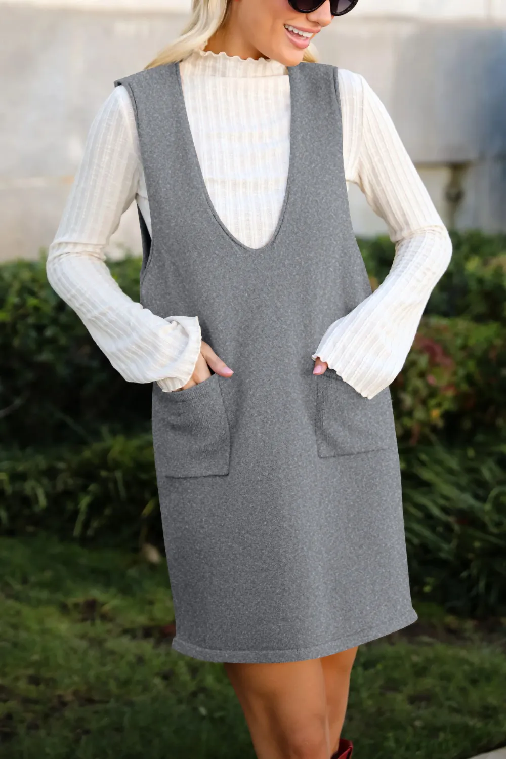 Pocketed V-Neck Mini Sweater Overall Dress, image 23