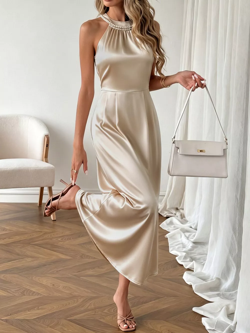 Pearl Halter Satin Midi Dress, image 2