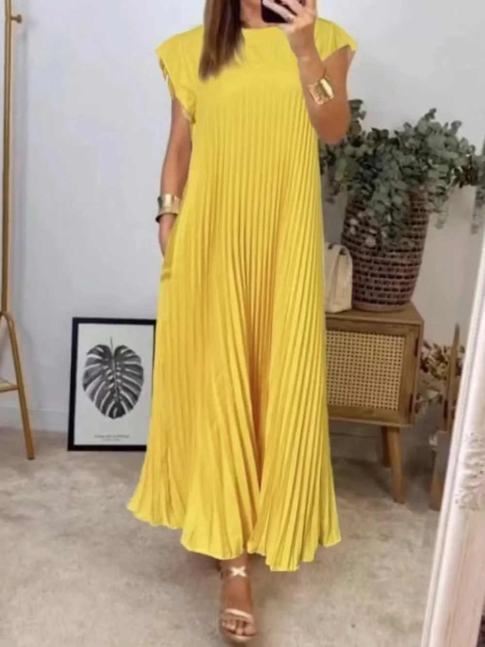 Full Size Pleated Round Neck Maxi Dress Plus Size, image 15