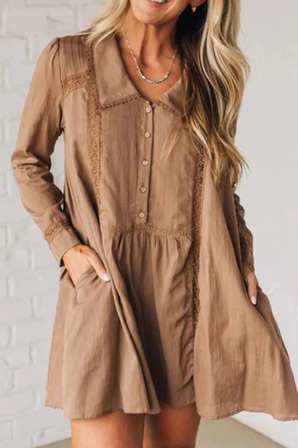 Lace Trim Button-Down Mini Dress