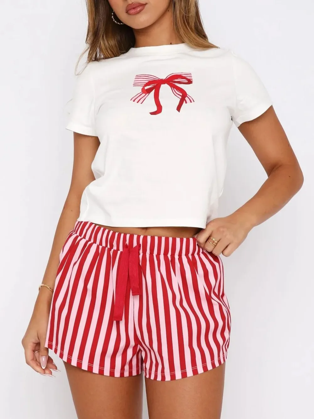 Printed Round Neck Short Sleeve Top and Drawstring Shorts Set, image 2