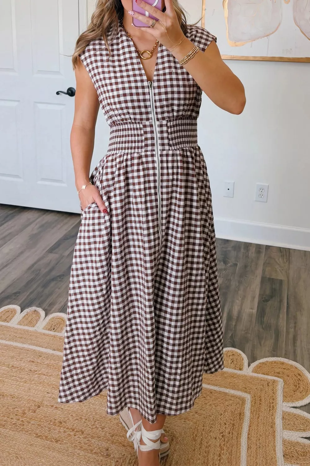Gingham Zip-Front Midi Dress, image 7