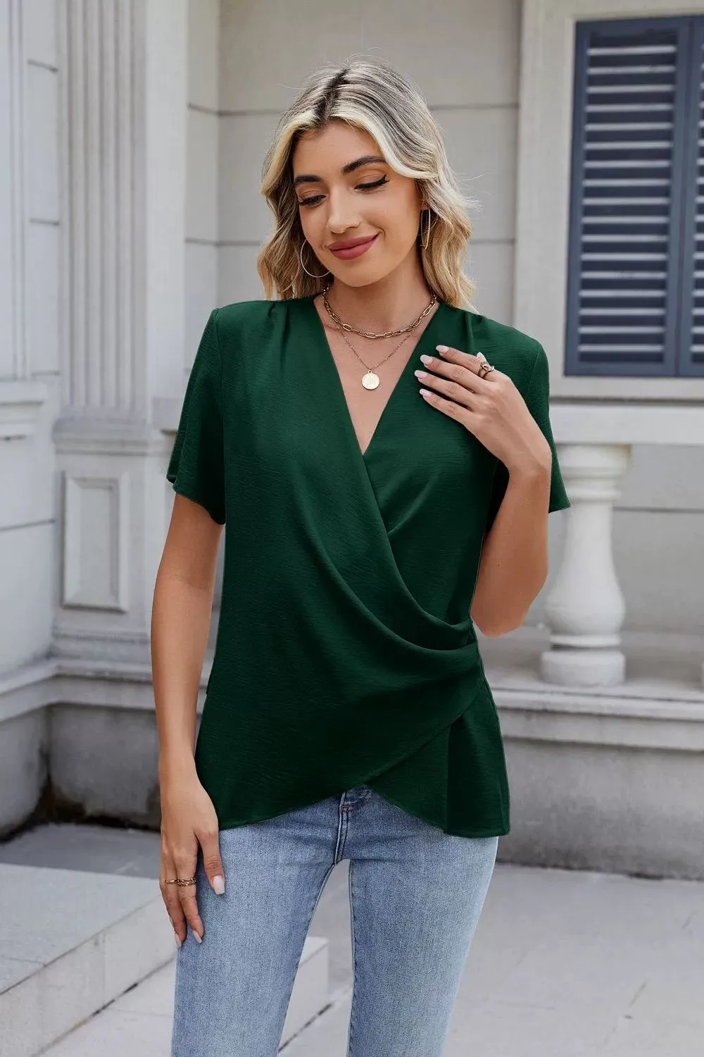 Solid Color Surplice Short Sleeve Blouse, image 14