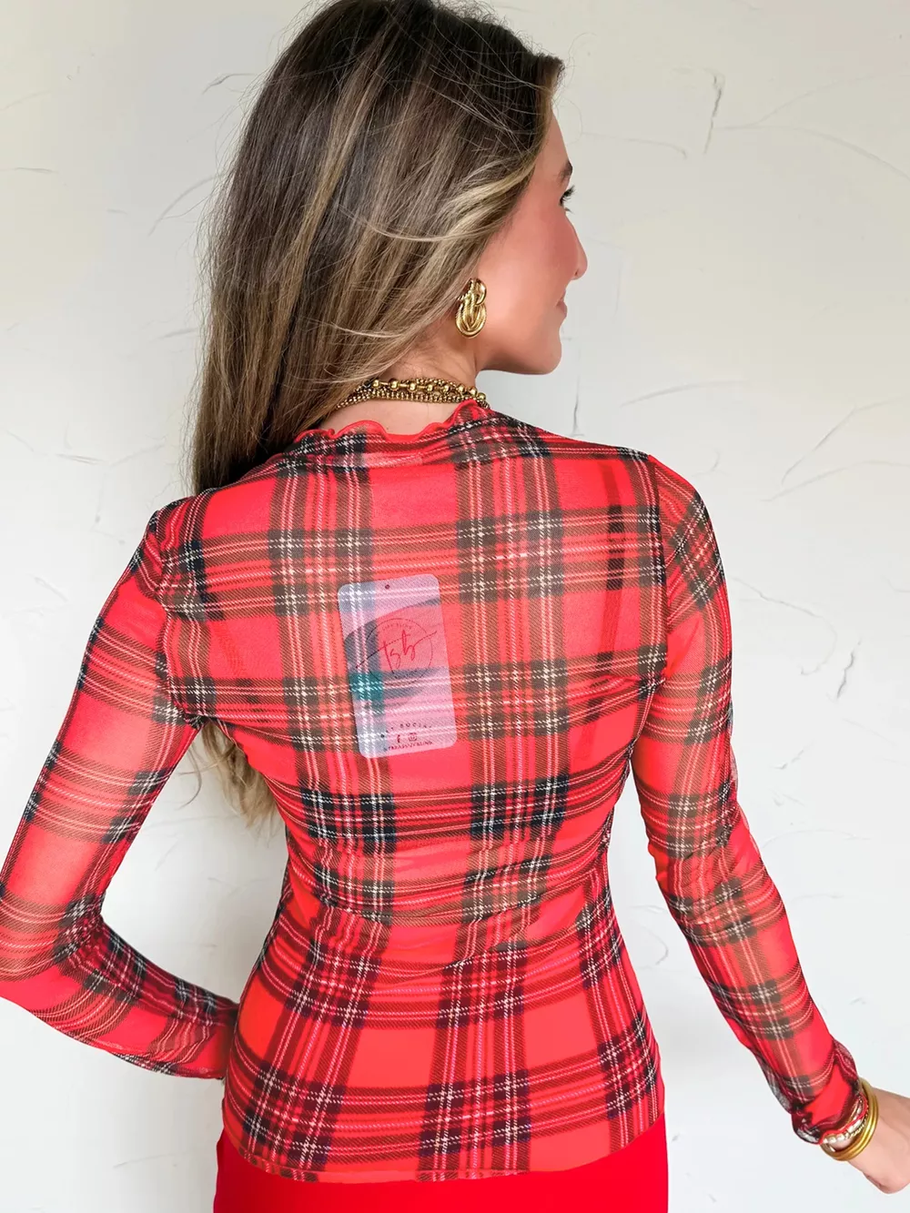 Sheer Plaid Mock Neck Long Sleeve Blouse, image 3