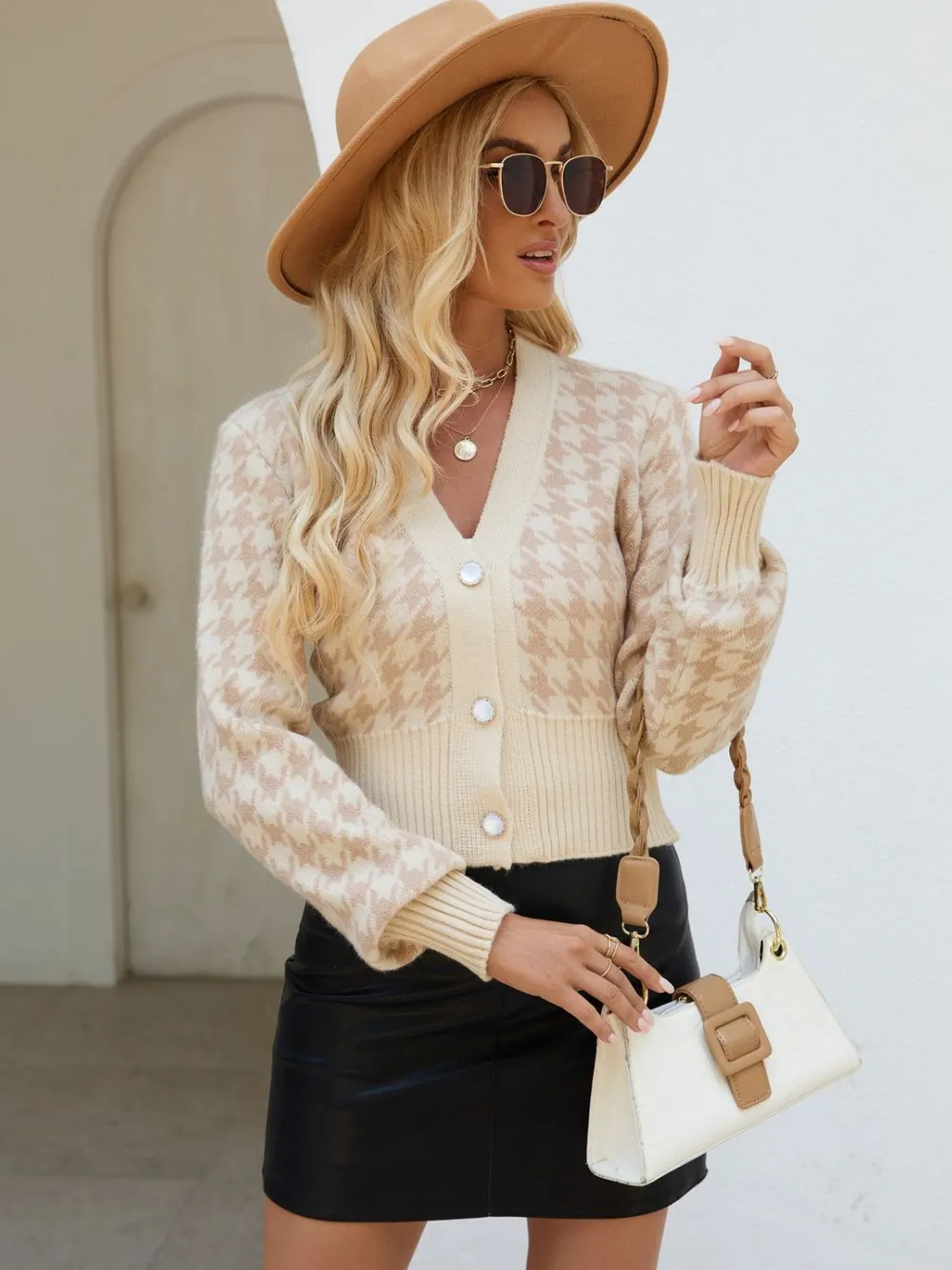 Houndstooth Button Up Long Sleeve Cardigan, image 5
