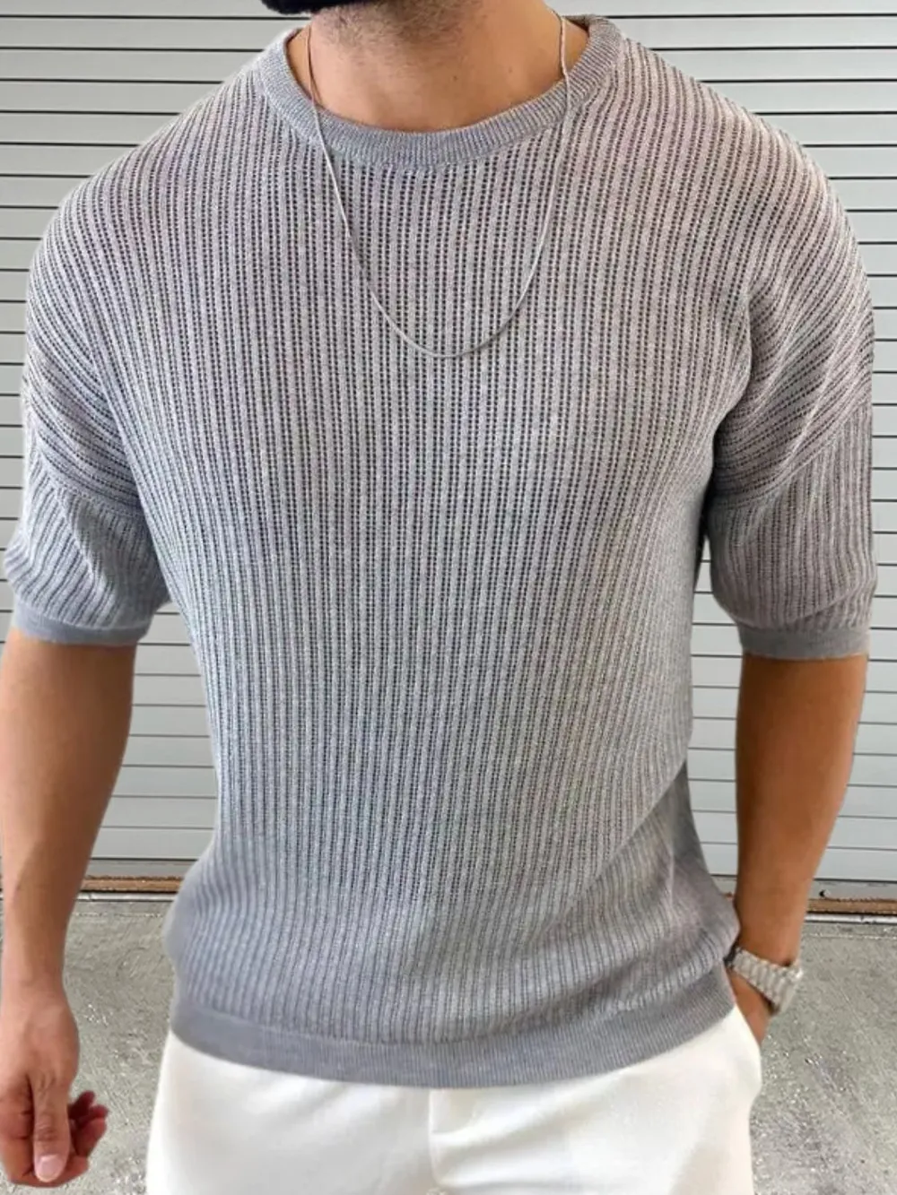 Men's Round Neck Drop Shouler Knit Top, image 4