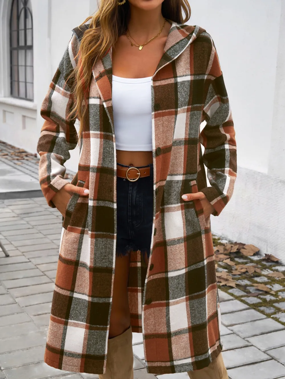 Plaid Long Sleeve Hooded Coat, image 4