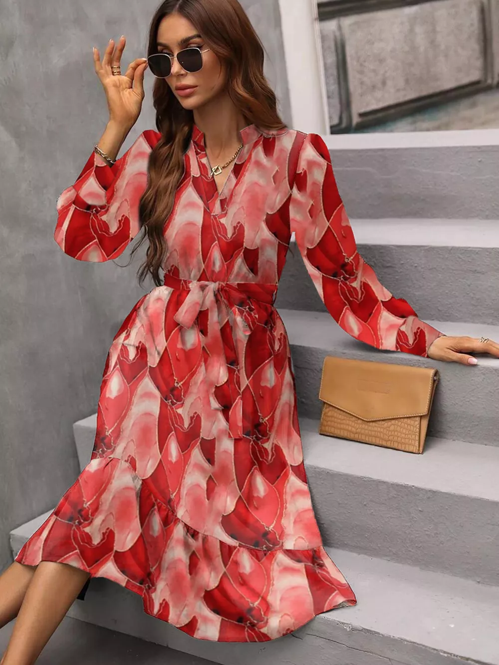 Notched Tie Waist Long Sleeve Dress