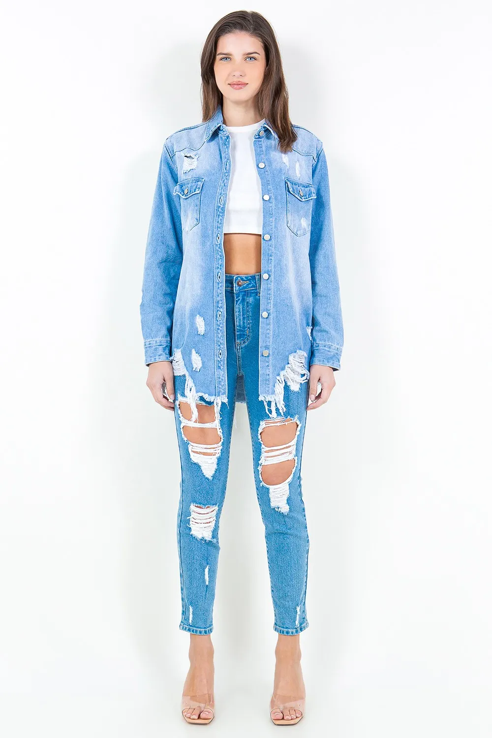 Frayed Hem Distressed Denim Shirt Jacket, image 5