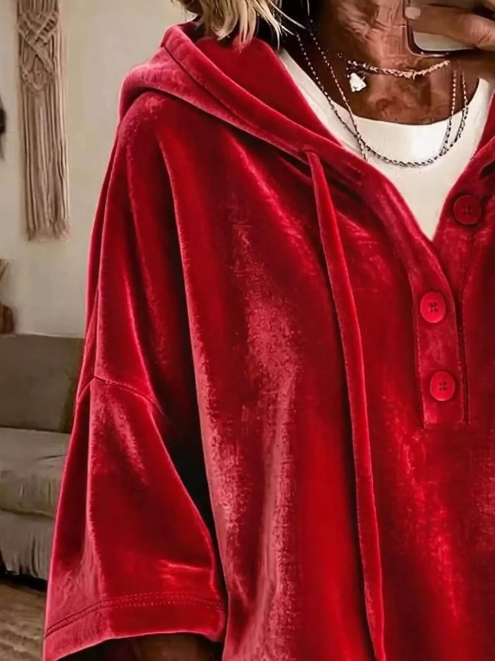 Full Size Velvet Button Detail Drawstring Hoodie Plus Size, image 15