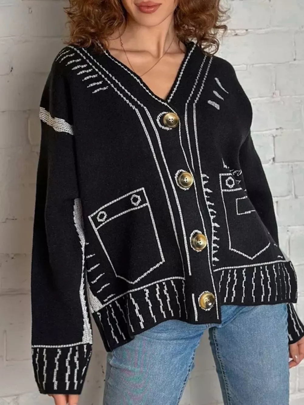 Contrast Graphic V-Neck Button-Down Cardigan, image 7